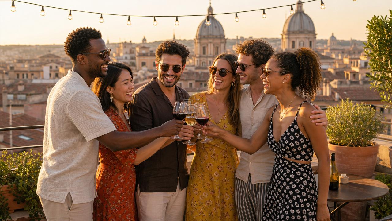 Diverse group of Voyager Atlas travelers toasting together on a European rooftop